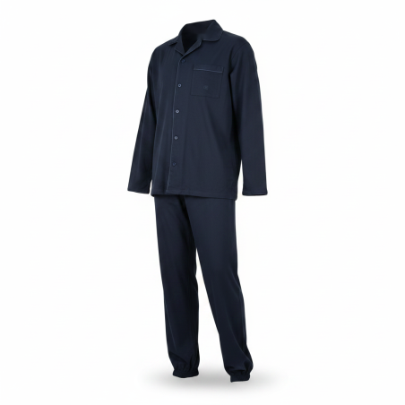 OLIVER GRANT PARIS Ensemble Pyjama Long Homme Bleu Marine, Chemise Col Boutonnée et Pantalon 100% Coton