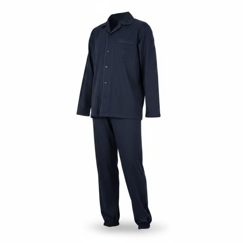 OLIVER GRANT PARIS Ensemble Pyjama Long Homme Bleu Marine, Chemise Col Boutonnée et Pantalon 100% Coton