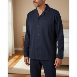 OLIVER GRANT PARIS Ensemble Pyjama Long Homme Bleu Marine, Chemise Col Boutonnée et Pantalon 100% Coton