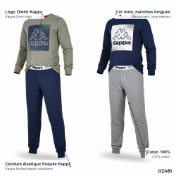 KAPPA Pyjama Long Garçon Pack de 2 Coton 100% Col Rond Manches Longues Logo Omini Ceinture Élastique