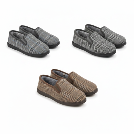 OZABI Pantoufles Charentaises Homme Fourrées Tige Tissée Motif Prince-de-Galles Doublure Sherpa Semelle Caoutchouc Antidérapante