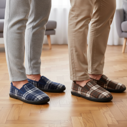 OZABI Pantoufles Charentaises Homme Fourrées Pack de 2 Paires Tige à Carreaux Doublure Sherpa Semelle Caoutchouc Antidérapante
