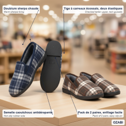 OZABI Pantoufles Charentaises Homme Fourrées Pack de 2 Paires Tige à Carreaux Doublure Sherpa Semelle Caoutchouc Antidérapante