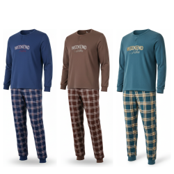 OZABI Ensemble Pyjama Homme Doublé Polaire Col Rond, Broderie Weekend Vibes, Pantalon à Carreaux Taille Élastiquée