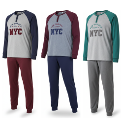 OZABI Ensemble Pyjama Homme Doublé Polaire, Col Rond 2 Boutons, Broderie New York City NYC, Manches Raglan Bicolores
