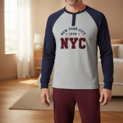 OZABI Ensemble Pyjama Homme Doublé Polaire, Col Rond 2 Boutons, Broderie New York City NYC, Manches Raglan Bicolores