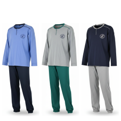 OZABI Ensemble Pyjama Homme Doublé Polaire, Col Rond 2 Boutons, Écusson Brodé Poitrine, Passepoil Contrastant