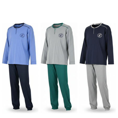 OZABI Ensemble Pyjama Homme Doublé Polaire, Col Rond 2 Boutons, Écusson Brodé Poitrine, Passepoil Contrastant