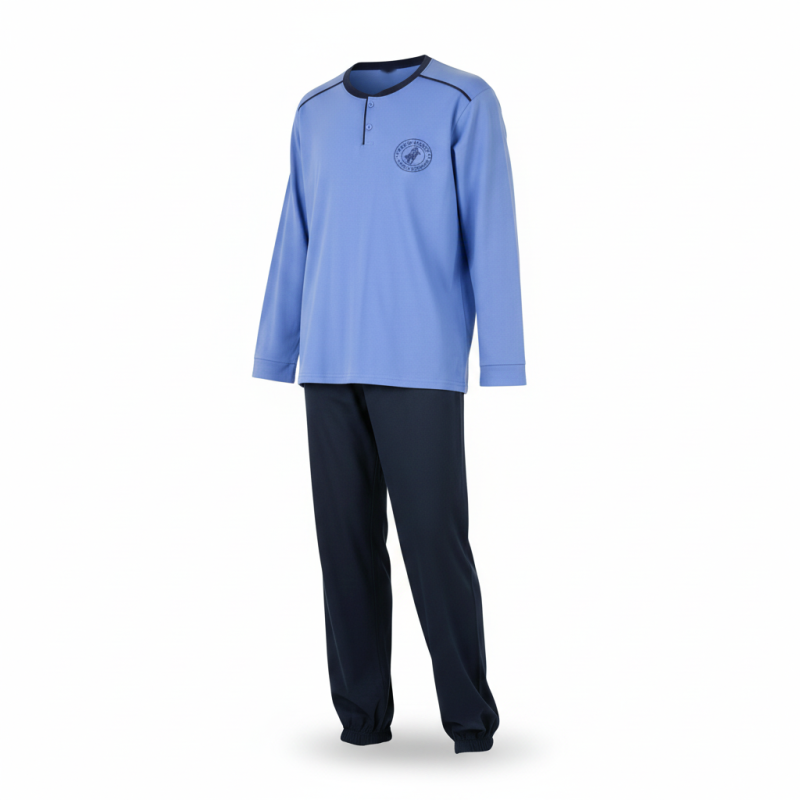 OZABI Ensemble Pyjama Homme Doublé Polaire, Col Rond 2 Boutons, Écusson Brodé Poitrine, Passepoil Contrastant