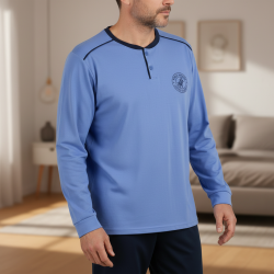 OZABI Ensemble Pyjama Homme Doublé Polaire, Col Rond 2 Boutons, Écusson Brodé Poitrine, Passepoil Contrastant