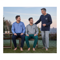 OZABI Ensemble Pyjama Homme Doublé Polaire, Col Rond 2 Boutons, Écusson Brodé Poitrine, Passepoil Contrastant