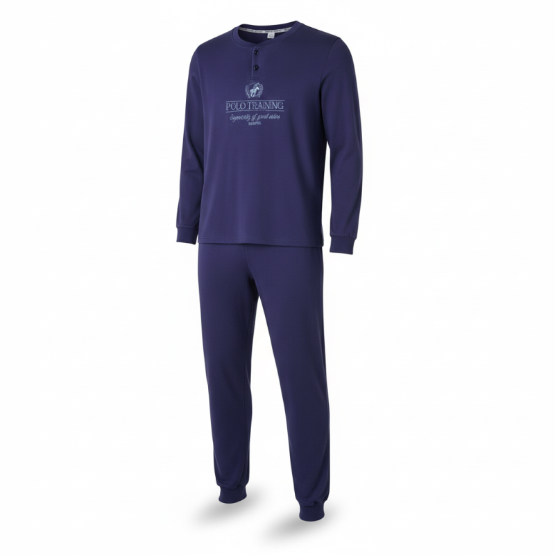 OZABI Ensemble Pyjama Homme Doublé Polaire, Col Rond 2 Boutons Ton sur Ton, Print Brodé Centré