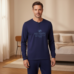 OZABI Ensemble Pyjama Homme Doublé Polaire, Col Rond 2 Boutons Ton sur Ton, Print Brodé Centré