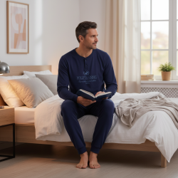 OZABI Ensemble Pyjama Homme Doublé Polaire, Col Rond 2 Boutons Ton sur Ton, Print Brodé Centré