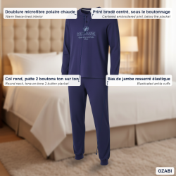 OZABI Ensemble Pyjama Homme Doublé Polaire, Col Rond 2 Boutons Ton sur Ton, Print Brodé Centré