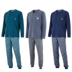 OZABI Ensemble Pyjama Homme Doublé Polaire, Col Rond 2 Boutons, Écusson Brodé, Pantalon Rayé
