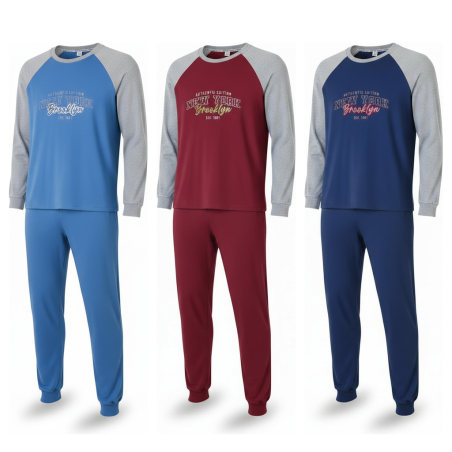 OZABI Ensemble Pyjama Homme Doublé Polaire, Manches Raglan Contrastées, Broderie New York Brooklyn