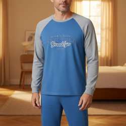 OZABI Ensemble Pyjama Homme Doublé Polaire, Manches Raglan Contrastées, Broderie New York Brooklyn