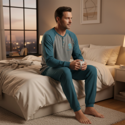 OZABI Ensemble Pyjama Homme Doublé Polaire Bicolore, Écusson Brodé Sweet Secret Club, Pantalon Uni Taille Élastiquée