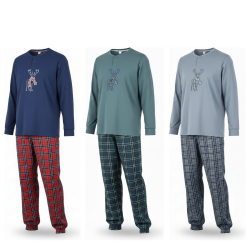 OZABI Ensemble Pyjama Homme Coton Majoritaire, Broderie Cerf Écharpe Écossaise, Pantalon Écossais Taille Élastiquée