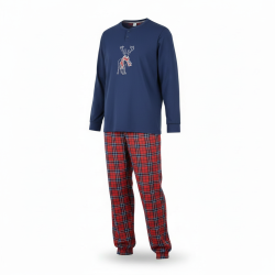 OZABI Ensemble Pyjama Homme Coton Majoritaire, Broderie Cerf Écharpe Écossaise, Pantalon Écossais Taille Élastiquée