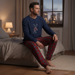 OZABI Ensemble Pyjama Homme Coton Majoritaire, Broderie Cerf Écharpe Écossaise, Pantalon Écossais Taille Élastiquée