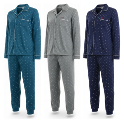 OZABI Ensemble Pyjama Homme Doublé Polaire Boutonné, Col Chemise 5 Boutons, Pantalon Petits Pois Taille Élastiquée
