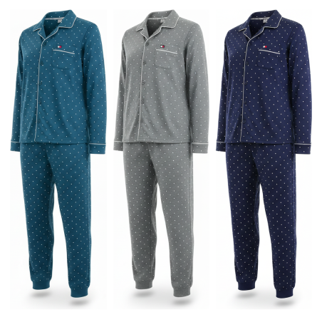 OZABI Ensemble Pyjama Homme Doublé Polaire Boutonné, Col Chemise 5 Boutons, Pantalon Petits Pois Taille Élastiquée