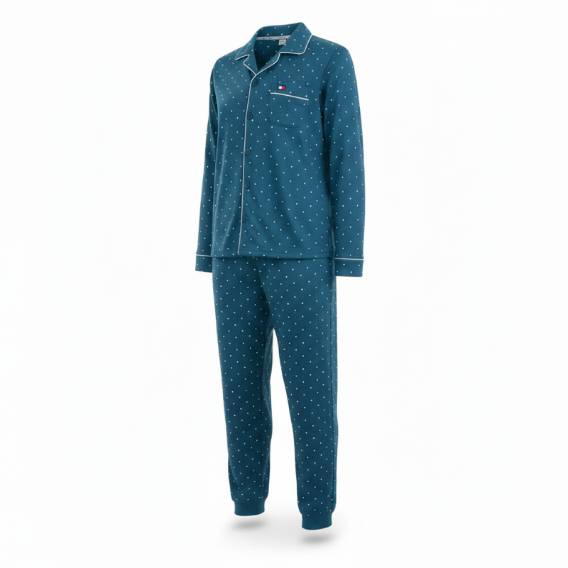 OZABI Ensemble Pyjama Homme Doublé Polaire Boutonné, Col Chemise 5 Boutons, Pantalon Petits Pois Taille Élastiquée
