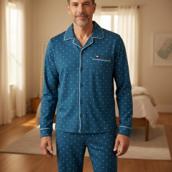 OZABI Ensemble Pyjama Homme Doublé Polaire Boutonné, Col Chemise 5 Boutons, Pantalon Petits Pois Taille Élastiquée