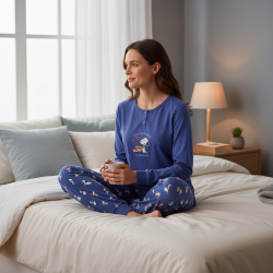 OZABI Ensemble Pyjama Femme Léger Motif Fantaisie, Broderie Poitrine, Pantalon Imprimé Taille Élastiquée