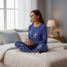 OZABI Ensemble Pyjama Femme Léger Motif Fantaisie, Broderie Poitrine, Pantalon Imprimé Taille Élastiquée