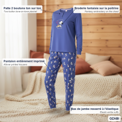 OZABI Ensemble Pyjama Femme Léger Motif Fantaisie, Broderie Poitrine, Pantalon Imprimé Taille Élastiquée