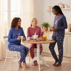 OZABI Ensemble Pyjama Femme Léger Motif Fantaisie, Broderie Poitrine, Pantalon Imprimé Taille Élastiquée