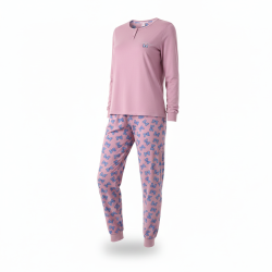 OZABI Ensemble Pyjama Femme Coton Doublé Polaire, Broderie Fil Lurex, Pantalon Imprimé Taille Élastiquée