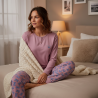 OZABI Ensemble Pyjama Femme Coton Doublé Polaire, Broderie Fil Lurex, Pantalon Imprimé Taille Élastiquée