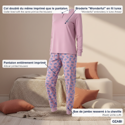 OZABI Ensemble Pyjama Femme Coton Doublé Polaire, Broderie Fil Lurex, Pantalon Imprimé Taille Élastiquée