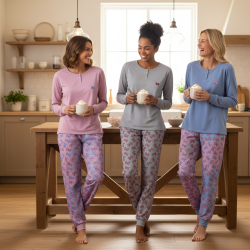 OZABI Ensemble Pyjama Femme Coton Doublé Polaire, Broderie Fil Lurex, Pantalon Imprimé Taille Élastiquée