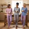 OZABI Ensemble Pyjama Femme Coton Doublé Polaire, Broderie Fil Lurex, Pantalon Imprimé Taille Élastiquée