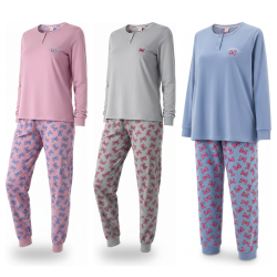 OZABI Ensemble Pyjama Femme Coton Doublé Polaire, Broderie Fil Lurex, Pantalon Imprimé Taille Élastiquée