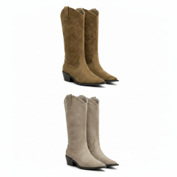 OZABI Bottes Santiag Femme Haute Tige Suédine, Bout Pointu, Talon Bloc 4 cm, Broderies Western, Coloris Caramel ou Taupe, Taille