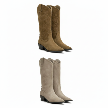OZABI Bottes Santiag Femme Haute Tige Suédine, Bout Pointu, Talon Bloc 4 cm, Broderies Western, Coloris Caramel ou Taupe, Taille