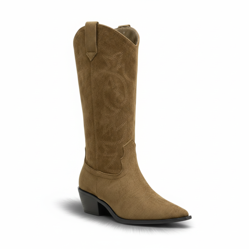 OZABI Bottes Santiag Femme Haute Tige Suédine, Bout Pointu, Talon Bloc 4 cm, Broderies Western, Coloris Caramel ou Taupe, Taille