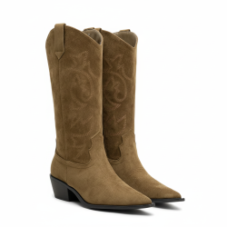 OZABI Bottes Santiag Femme Haute Tige Suédine, Bout Pointu, Talon Bloc 4 cm, Broderies Western, Coloris Caramel ou Taupe, Taille