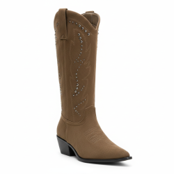 OZABI Bottes Santiag Femme Haute Tige Suédine Cloutée, Bout Pointu, Talon Bloc 4 cm, Clous Métal Western