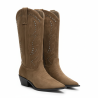 OZABI Bottes Santiag Femme Haute Tige Suédine Cloutée, Bout Pointu, Talon Bloc 4 cm, Clous Métal Western