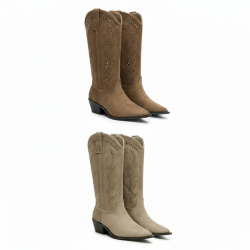 OZABI Bottes Santiag Femme Haute Tige Suédine Cloutée, Bout Pointu, Talon Bloc 4 cm, Clous Métal Western