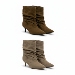 OZABI Bottines Femme Mi-Haute Tige Suédine Plissée, Bout Pointu, Talon Fin 4 cm, Coloris Cognac ou Taupe, Tailles 36 à 41