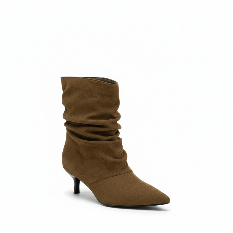OZABI Bottines Femme Mi-Haute Tige Suédine Plissée, Bout Pointu, Talon Fin 4 cm, Coloris Cognac ou Taupe, Tailles 36 à 41