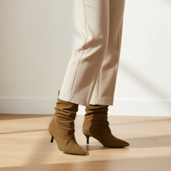 OZABI Bottines Femme Mi-Haute Tige Suédine Plissée, Bout Pointu, Talon Fin 4 cm, Coloris Cognac ou Taupe, Tailles 36 à 41